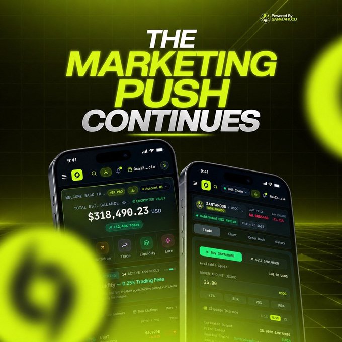 The promotional graphic features "THE MARKETING PUSH CONTINUES" in bold neon-green text alongside two smartphone mockups displaying the Santahood DeFi platform, showing a total estimated balance of $318,490.23 USD and a trading interface for the $SANTAHOOD token. The image visually reinforces the post's announcement of an upcoming CEX listing, highlighting the token's active trading ecosystem and growing market presence ahead of the Christmas season.