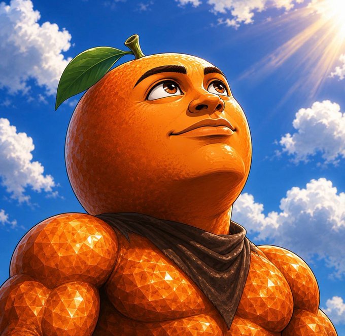 A 3D-rendered anthropomorphic orange character with a muscular, faceted body and a green leaf on its head gazes upward into a bright, sunny sky with fluffy clouds.