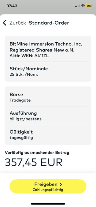 The image shows a smartphone screen displaying information about Bitcoin purchases. It appears that someone has recently made a purchase for 25 new Bitcoins using Bitmine. The current total value of the Bitcoin purchase is 2950€, which is quite high considering that one Bitcoin currently costs around 45€. Interestingly, there are some comments related to the Bitcoin community on this post, as well as a quote from someone named 'Zurick'. Additionally, the image also contains text written in German with an additional French word or phrase at the bottom of the screen.