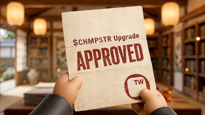 A close-up of a parchment document displaying '$CHMPSTR Upgrade APPROVED' with a 'TW' stamp, held up in a softly lit room with bookshelves.