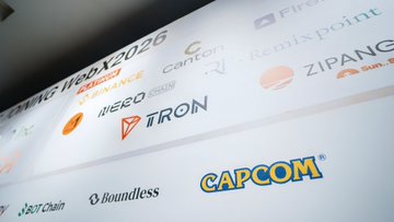 The image shows a sponsor/exhibitor board from WebX2026 featuring various company logos including Canton, Remixpoint, ZIPANG, Sun-?, MEEQ, TRON, JustChain, Boundless, and prominently Capcom, likely displayed at the event where the TRON team hosted a booth and engaged with attendees.