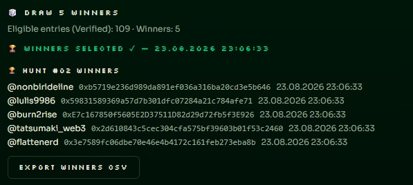A screenshot showing 'DRAW 5 WINNERS' results with eligible entries at 109 and 5 winners selected, including @nonbirdline, @lulis9986, @burn2rise, @tatsumaki_web3, and @flattenerd with their wallet addresses and timestamp '23.08.2026 23:06:33'.