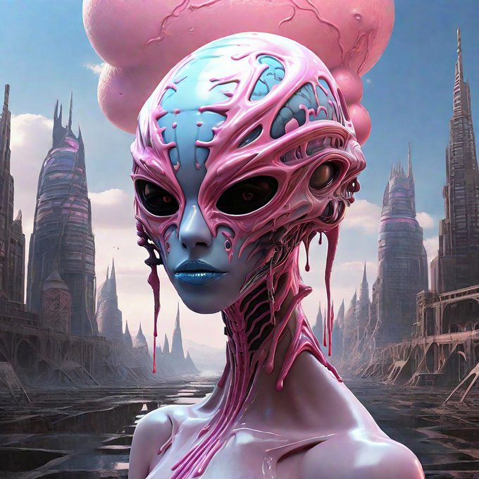 A digital artwork featuring a blue-skinned alien-like figure with pink, organic, dripping headwear, set against a backdrop of futuristic spired skyscrapers under a cloudy sky.