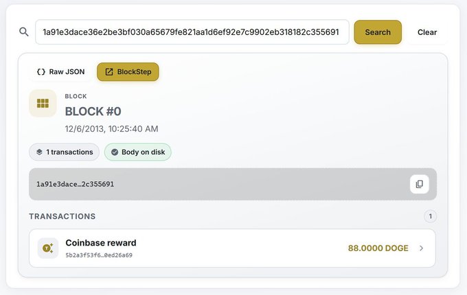 A blockchain explorer page shows “BLOCK #0,” a “Coinbase reward,” and “88.0000 DOGE” for block 0, with a hash entered in the search bar.