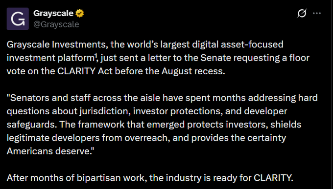 A tweet from Grayscale (@Grayscale) stating that Grayscale Investments sent a letter to the Senate requesting a floor vote on the CLARITY Act before the August recess.