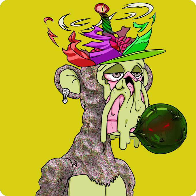A digital illustration of a grotesque, melting green character wearing a colorful flower hat and holding a dark green orb against a yellow background.