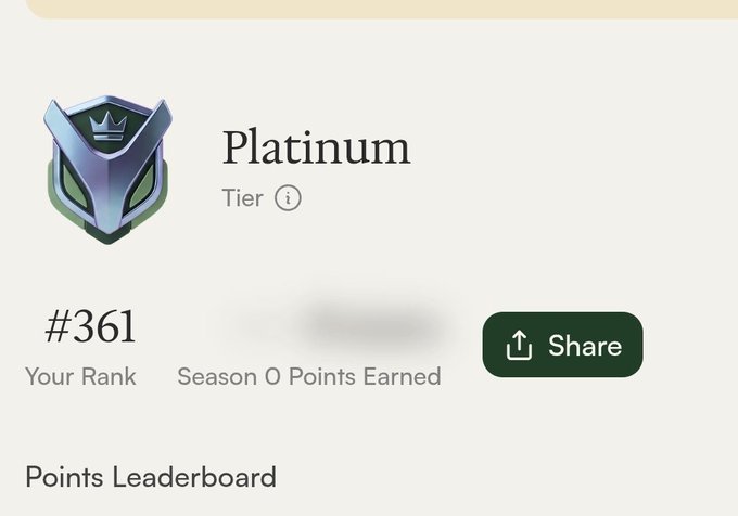 A digital rewards interface displaying a 'Platinum Tier' badge with a '#361 Your Rank' and a blurred 'Season 0 Points Earned' stat, alongside a 'Share' button.