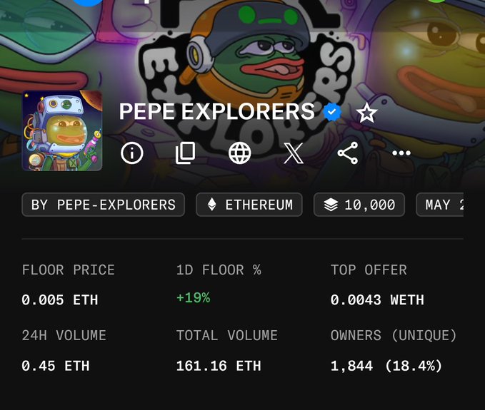 An NFT collection page for 'PEPE EXPLORERS' on Ethereum, showing a floor price of 0.005 ETH, 24H volume of 0.45 ETH, and total volume of 161.16 ETH across 1,844 owners.