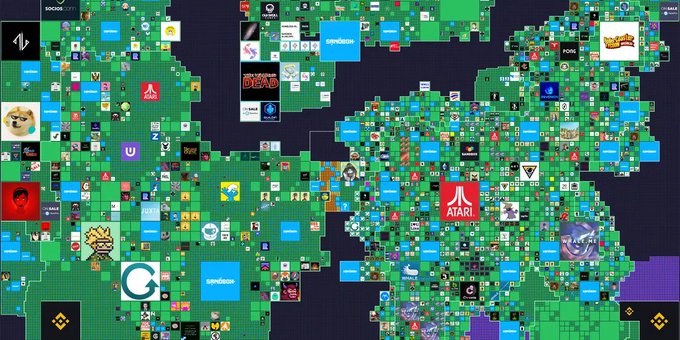 The image shows a massive cluster of virtual plots on a metaverse map, with recognizable branded land parcels from companies like Coinbase, Atari, Binance, and others displayed across a green pixelated landscape. It visually represents the post's nostalgic reference to the height of metaverse land-buying frenzy, where investors purchased digital real estate hoping to have celebrity neighbors like Snoop Dogg.