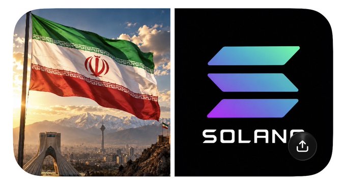 A split image showing the flag of Iran waving over a city skyline on the left and the Solana (SOL) cryptocurrency logo on the right.
