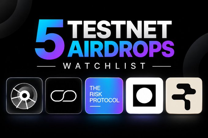 A graphic titled '5 TESTNET AIRDROPS WATCHLIST' displays five icons for various crypto projects, including 'THE RISK PROTOCOL'.
