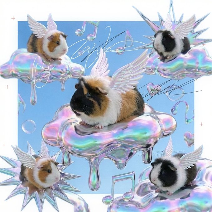 A whimsical, Y2K-style digital collage features guinea pigs with angel wings sitting on iridescent pastel clouds, surrounded by floating musical notes, hearts, and sparkles against a light blue background.