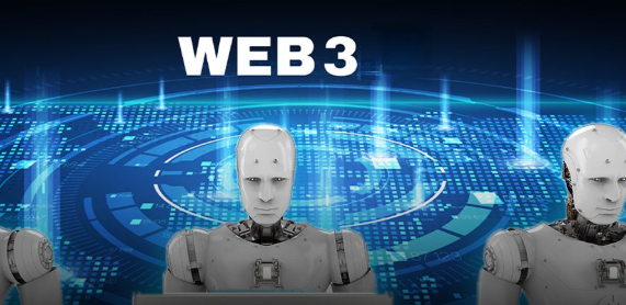 Three humanoid robots stand against a futuristic blue digital backdrop displaying the bold text "WEB3," visually representing the post's message about AI agents merging with blockchain technology to autonomously manage their own digital wallets and transactions.