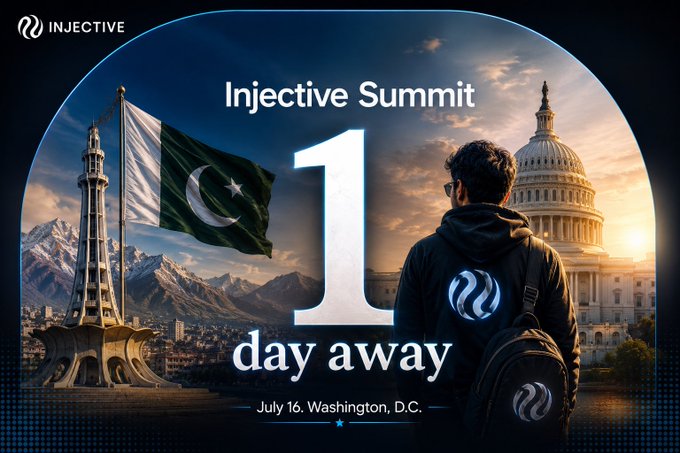 Promotional graphic for the 'Injective Summit' featuring a Pakistan flag, Minar-e-Pakistan landmark, the U.S. Capitol, and text reading '1 day away — July 16, Washington, D.C.'