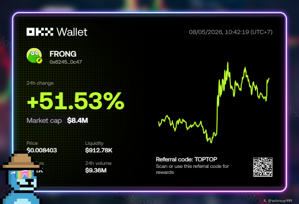 OKX Wallet chart displaying FRONG token with a +51.53% 24h change, price $0.008403, market cap $8.4M, liquidity $912.78K, and 24h volume $9.36M, dated 08/05/2026, with a referral code "TOPTOP".