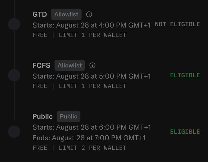 A dark-themed interface displaying NFT minting phases including 'GTD' (NOT ELIGIBLE), 'FCFS' (ELIGIBLE), and 'Public' (ELIGIBLE), all scheduled for August 28.