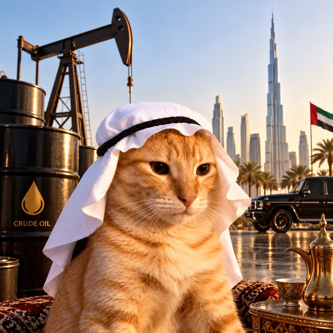 An orange cat wearing a traditional Middle Eastern headdress (keffiyeh) sitting in front of an oil pump, oil barrels labeled 'CRUDE OIL', the Dubai skyline, and a UAE flag.