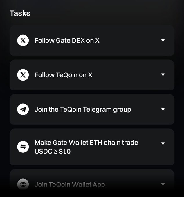 A mobile app screen showing a 'Tasks' list with options like 'Follow Gate DEX on X', 'Follow TeQoin on X', 'Join the TeQoin Telegram group', and 'Make Gate Wallet ETH chain trade USDC ≥ $10'.