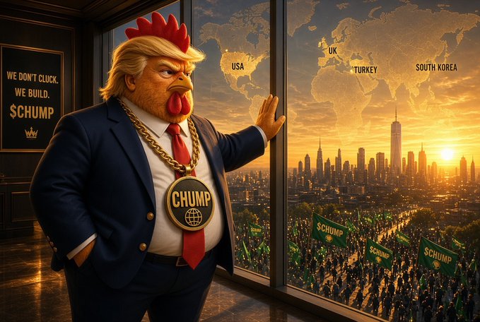 An anthropomorphic chicken-rooster figure labeled "CHUMP" in a suit with a gold chain and "WE DON'T CLUCK. WE BUILD. $CHUMP" poster gazes out at a city skyline, where a massive crowd waves green "$CHUMP" flags beneath a world map highlighting USA, UK, Turkey, and South Korea—visually representing the coin's rapid global trending.