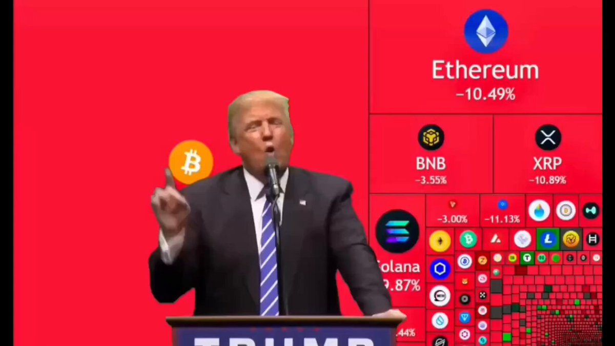 The image features a man standing at a podium with his hands raised above his head, possibly delivering a speech or addressing an audience. The background includes a red wall with various logos and icons related to Bitcoin and cryptocurrency. One of these icons is a Bitcoin symbol, while another icon represents Etherium. The text "I'm tired of winning" can be seen in the image as well.