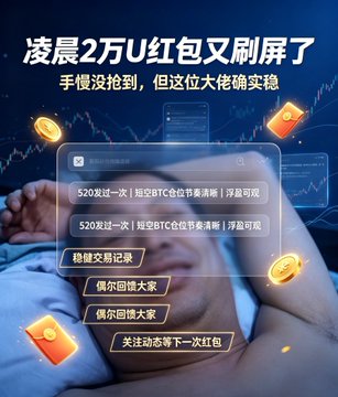 The image shows a person sleeping with phone notification pop-ups from "520发送一次" displaying BTC and ETH candlestick charts, alongside Chinese text reading "凌晨2万U红包又刷屏了" (The 20,000 USDT red packet flooded the screen again at dawn) and "手慢没抢到，但这位大佬确实稳" (Hands too slow to grab it, but this big shot is definitely solid), referencing the post's story about missing a 20K USDT red packet drop.