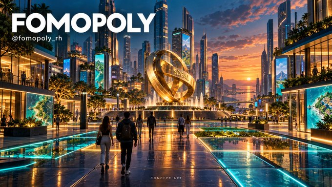 Concept art of a futuristic city promenade displays the large white logo “FOMOPOLY,” the handle “@fomopoly_rh,” and a golden sculpture labeled “SOBAL.”