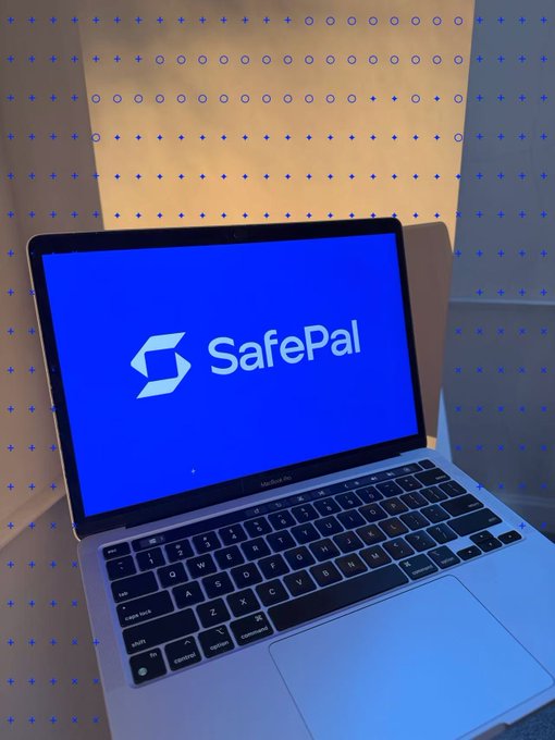 A MacBook displays the SafePal logo on its screen, set against a backdrop featuring a decorative pattern of small symbols. The image playfully illustrates the "Weekend mode: ON" sentiment by showing the crypto wallet app taking center stage while charts remain on standby.