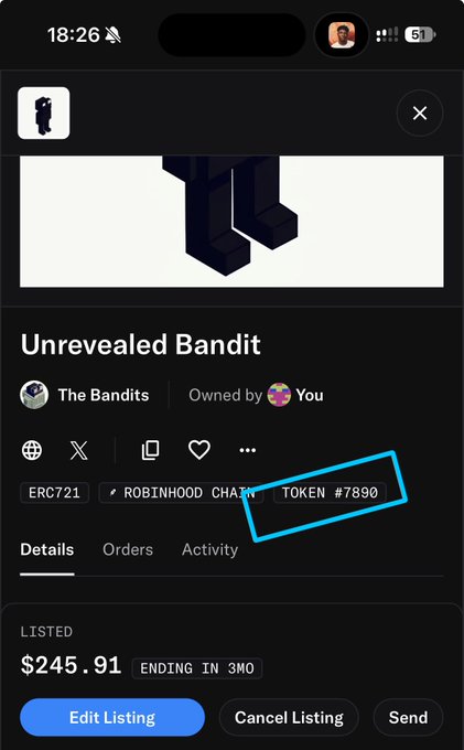A mobile screenshot shows the OpenSea listing page for an "Unrevealed Bandit" NFT from "The Bandits" collection, owned by the user, listed at $245.91 with the token number #7890 circled in blue to highlight its significance. The image visually supports the post by showcasing the specific NFT #7890 the user is selling for good luck.