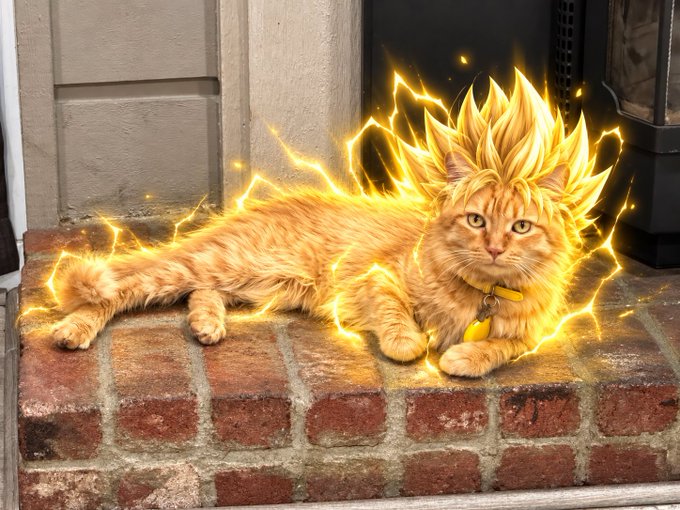 A fluffy orange cat lies on a brick surface, depicted with glowing yellow energy spikes resembling a Super Saiyan anime transformation.