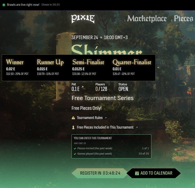 A screenshot of a PIXIE game tournament page for 'Shimmer' starting September 24 at 18:00 GMT+3, showing prize pools for Winner (0.02 E), Runner Up (0.015 E), Semi-Finalist (0.0125 E), and Quarter-Finalist (0.01 E).