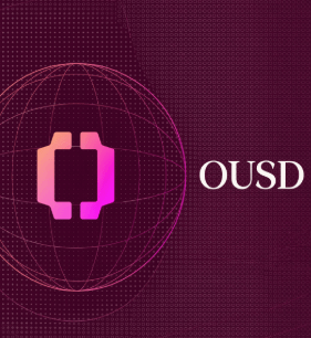 The image displays the OUSD logo—a pink and purple gradient hexagonal symbol alongside the text "OUSD"—set against a dark magenta globe-grid background, visually representing the newly launched Open Standard stablecoin for global digital payments.