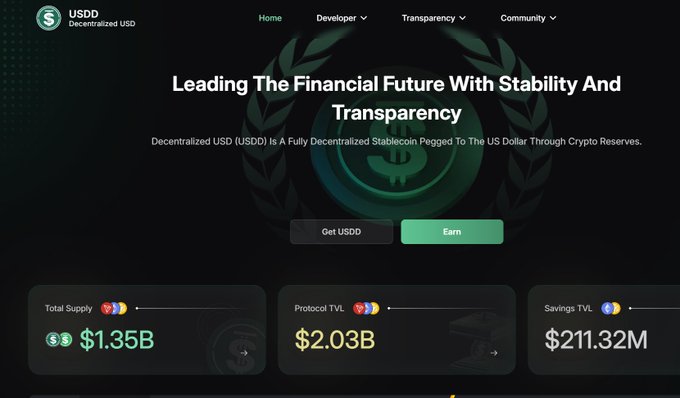 The image displays the USDD (Decentralized USD) website homepage, highlighting key metrics including a $1.35B Total Supply, $2.03B Protocol TVL, and $211.32M Savings TVL, with the tagline "Leading The Financial Future With Stability And Transparency." This visually reinforces the post's claim about USDD's strong TVL position, showcasing the $2B+ figure that supports its argument for being one of DeFi's most stable protocols.