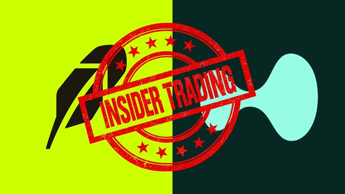 A graphic design featuring a red circular stamp reading 'INSIDER TRADING' placed over a stylized image of a leg and high-heeled shoe on a split yellow and dark green background.