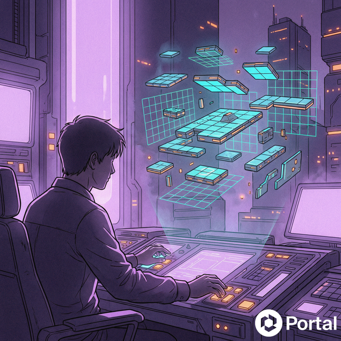 An illustrated developer works at a futuristic console, arranging holographic platform-like tiles into a 3D level layout, with the "Portal" logo in the corner. The image visually represents Gen8 as the final building block in Portal 2.0's AI-native game development stack, where each floating tile symbolizes a tool that slots together to transform an empty workspace into a fully playable game from a single login.