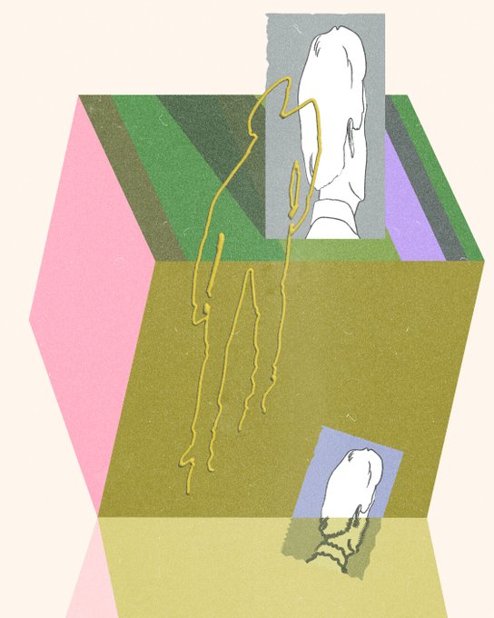 A collage-style digital artwork featuring a multi-colored, geometric box structure with white sketched hand elements and dripping yellow lines.