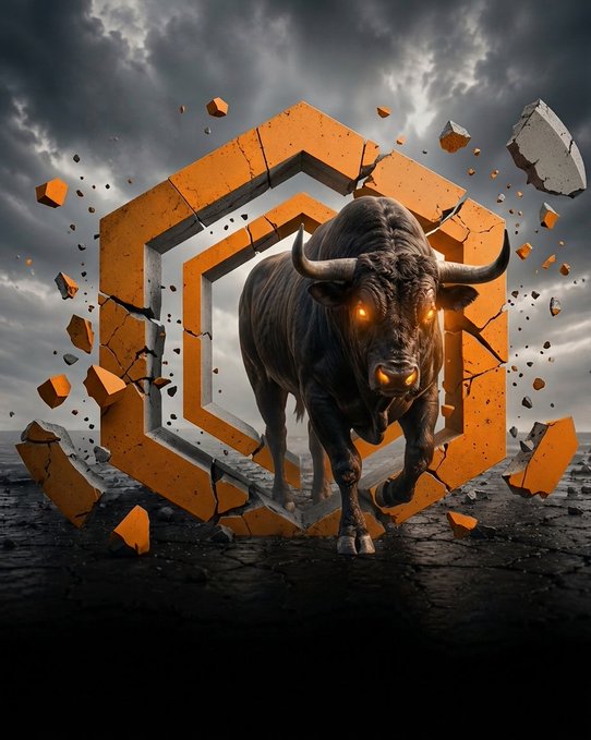 Dramatic digital artwork of a powerful black bull with glowing orange eyes bursting through an orange hexagonal frame, shattering pieces outward against a cloudy sky.
