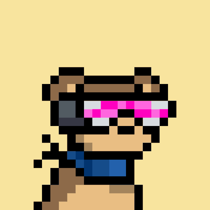 A low-resolution pixelated character resembling a dog or furry figure with brown fur, a pink and white headband, and a small backpack, set against a beige background. The image serves as the artwork for Doginal Dog #7813, listed for sale at 64750 DOGE on the Doginal Dogs marketplace.