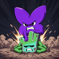 A fierce purple character triumphantly stomps on a defeated green character amid an explosive dust cloud, symbolizing the post's theme of brutal PvP competition on Binance Alpha where memecoins like Broccoli and Neiro battle for dominance.