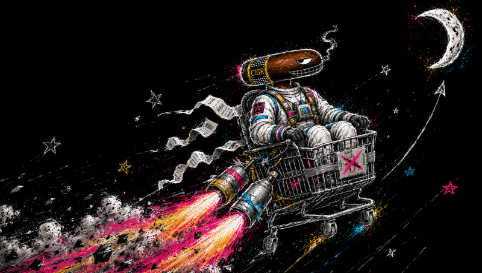A stylized illustration shows an astronaut riding a shopping cart like a rocket through space, trailing pink flames toward a crescent moon.
