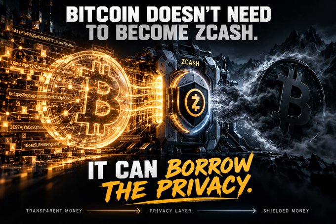 A promotional graphic stating 'BITCOIN DOESN'T NEED TO BECOME ZCASH. IT CAN BORROW THE PRIVACY.' with a diagram showing 'TRANSPARENT MONEY' transitioning to 'SHIELDED MONEY' through a 'PRIVACY LAYER'.