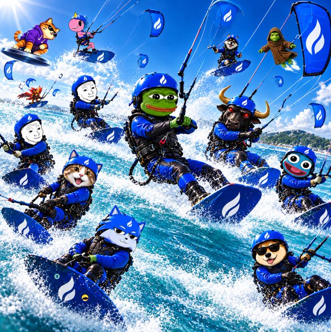 A vibrant, surreal illustration shows various cartoon characters including Pepe the Frog, Shiba Inu dogs, cats, and other mascots kitesurfing on ocean waves while wearing blue helmets with flame logos.
