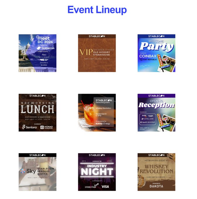 Event lineup grid for Stablecoin, featuring nine event cards including Meet DC 2026, VIP Speakers Dinner at Old Hickory Steakhouse, Welcome Party sponsored by Coinbase, Networking Lunch, Whiskey Revolution, Opening Reception, and Industry Night at 7:30 PM.