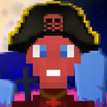 A pixel art pirate character with a skull and crossbones hat, blue eyes, and a red mustache against a dark blue background.