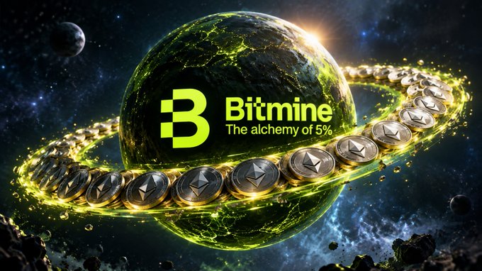 A Bitmine promotional image featuring a glowing green planet encircled by Ethereum coins in space, with the text 'Bitmine - The alchemy of 5%'.