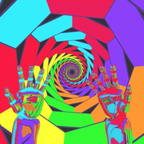 The image features a colorful spiral staircase with two hands reaching out towards the top of the stairs. The staircase is filled with vibrant colors, including shades of blue, purple, green, orange, yellow, pink, and red. The first door on the left side of the staircase appears to be watching over the second door that has a face looking back at it. The third door on the right side seems to remember the fourth door, which is located in front of it. The fifth door looks normal compared to the others, but its presence adds balance to the scene. The post also includes some text that reads "The first door watches. The second door remembers. The fifth door looks normal, and that is why it feels wrong."