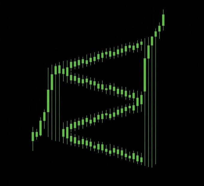 A stylized green candlestick chart on a black background, artistically arranged to form a 'play' (triangle) symbol.