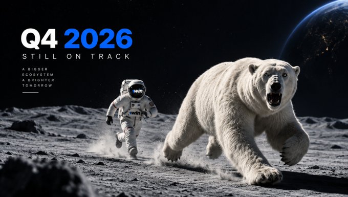 The image depicts an astronaut with a "$WIN" helmet running across a lunar surface, being chased by a roaring polar bear, with Earth visible in the background and bold text reading "Q4 2026 — STILL ON TRACK." The tagline "A bigger ecosystem, a brighter tomorrow" reinforces the promotional message, visually symbolizing $1WIN's relentless pursuit of its Q4 2026 launch goal despite looming challenges.