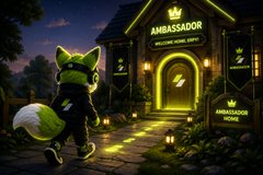 Digital artwork of a green anthropomorphic fox character standing outside a building labeled 'AMBASSADOR' with glowing green neon accents.