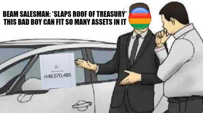 A Beam Salesman meme shows a suited car salesman (face replaced with the Beam emoji) proudly presenting a car with a "Treasury Value $148,570,485" sign to a customer, captioned "BEAM SALESMAN: *SLAPS ROOF OF TREASURY* THIS BAD BOY CAN FIT SO MANY ASSETS IN IT." The image humorously illustrates the post's reference to "treasury slapping" by jokingly boasting about Beam's massive treasury capacity to hold assets.