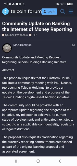 Screenshot of a Telcoin forum page titled 'Community Update on Banking the Internet of Money Reporting' posted by Mr.A.Hamilton requesting a community meeting with Paul Neuner regarding Telcoin Holdings banking initiative.